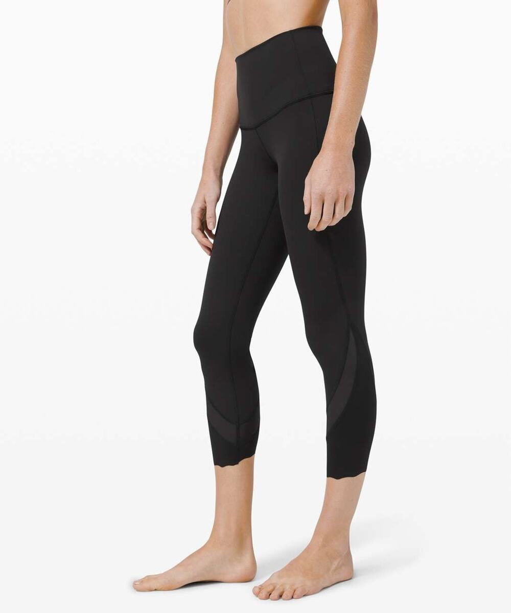 Lululemon Wunder Under High Rise Crop Leggings Womens 6 Navy Scalloped Hem Mesh